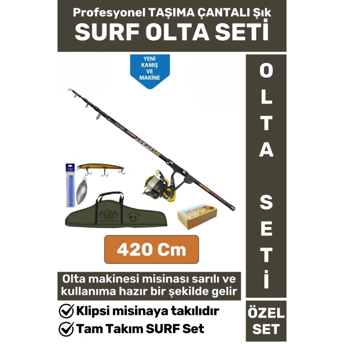 Profesyonel Kullanıma Hazır Şık Taşıma Çantası Hediyeli Balıkçı Hobi Tam Takım SURF OLTA SETİ 420 Cm
