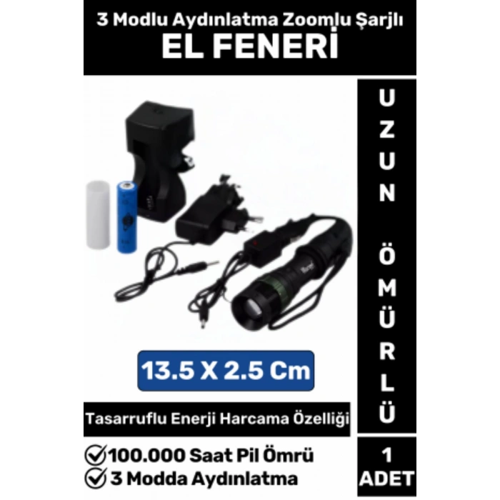 Özel Kompakt Kamp Avcı Balıkçı Deprem Enerji Tasarruflu 3 Modlu Zoomlu Güçlü Beyaz Işık EL FENERİ