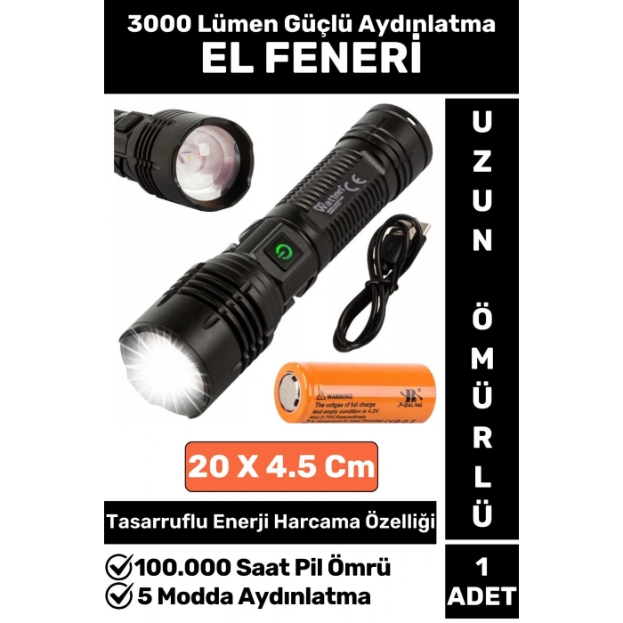 Özel Kamp Avcı Balıkçı Deprem Enerji Tasarrufu 5 Mod 3000 Lümen Güçlü Beyaz Işık Güvenlik EL FENERİ
