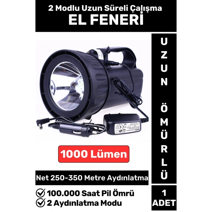 Premium Kamp Avcı Deprem 2 Aydınlatma Modlu Güçlü Beyaz Işık 1000 Lümen Güvenlik EL FENERİ