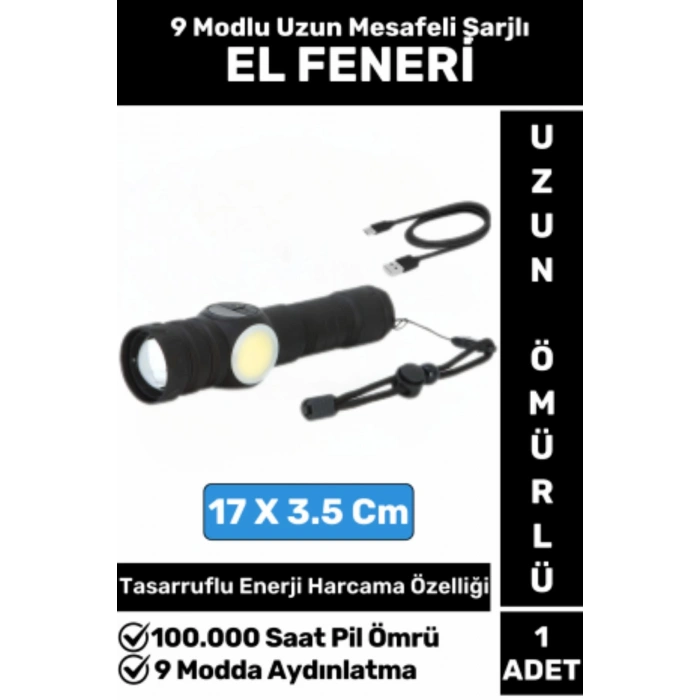 Premium Kamp Avcı Deprem Balıkçı Güvenlik 9 Modlu Uzun Mesafeli Güçlü Işık Şarjlı EL FENERİ