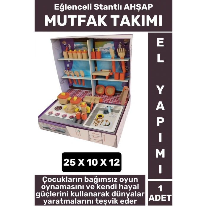 Premium Çocuk Eğlenceli Hayal Dünyası Beceri Geliştirici El Yapımı Ahşap Stantlı OCAK MUTFFAK TAKIMI