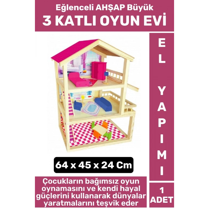 Premium Çocuk Eğlenceli Hayal Dünyası Beceri Geliştirici El Yapımı Ahşap Büyük 3 KATLI OYUN EVİ