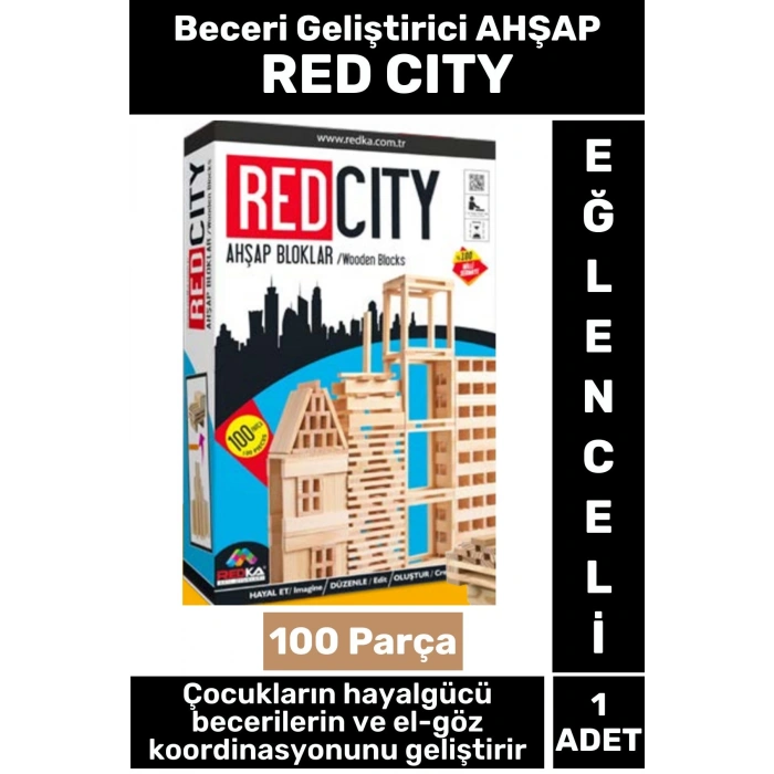 Eğitici Eğlenceli El Göz Koordinasyonu Hayalgücü Kontsantrasyon 100 Parça AHŞAP BLOKLAR RED CITY