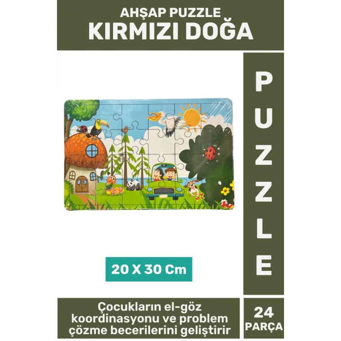 Premium Eğlenceli Eğitici Görsel Algı Problem Çözme Becerisi Çocuk Puzzle 24 Parça KIRMIZI DOĞA