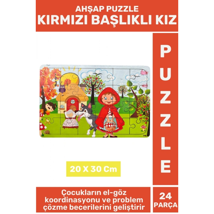Eğlenceli Eğitici Görsel Algı Problem Çözme Becerisi Çocuk Puzzle 24 Parça KIRMIZI BAŞLIKLI KIZ