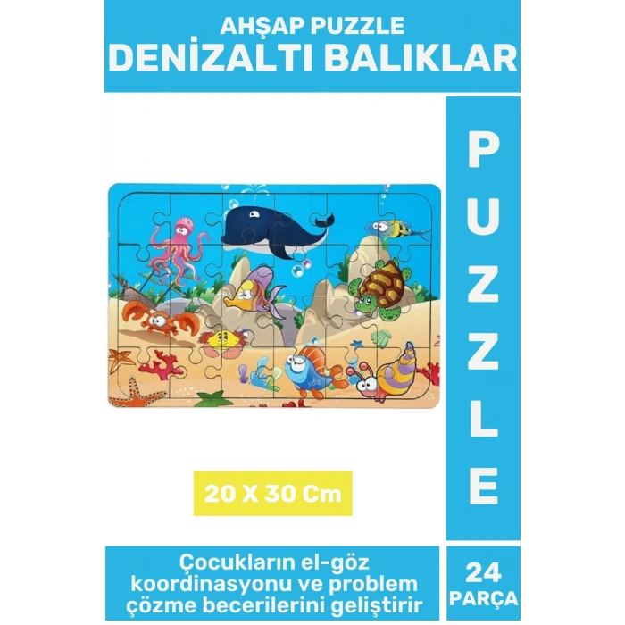 Eğlenceli Eğitici Görsel Algı Problem Çözme Becerisi Çocuk Puzzle 24 Parça DENİZALTI BALIKLAR
