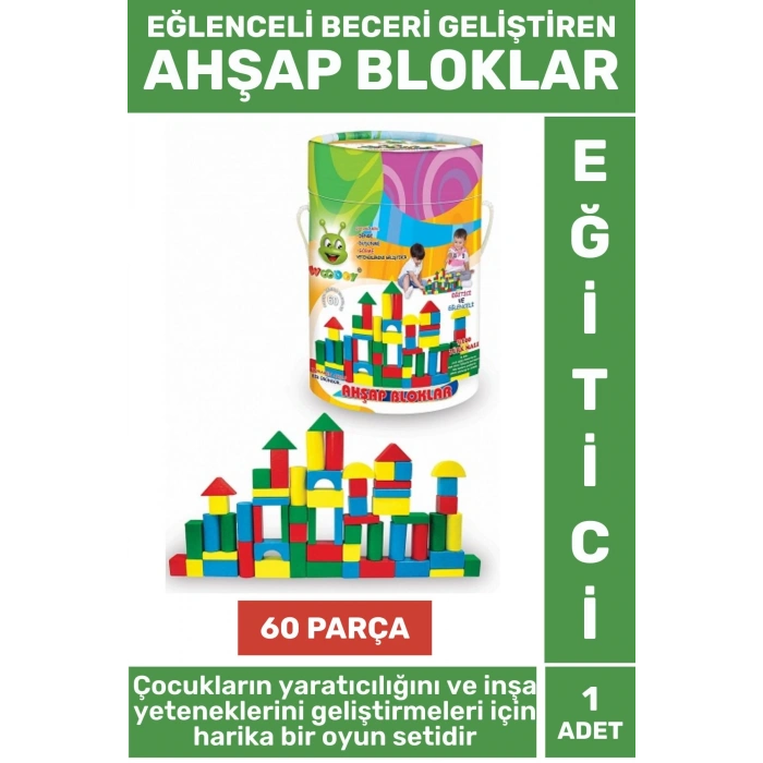Premium Eğlenceli Görsel Algı İnşa Becerisi Hayalgücü Geliştiren 60 Parça Renkli AHŞAP BLOKLAR