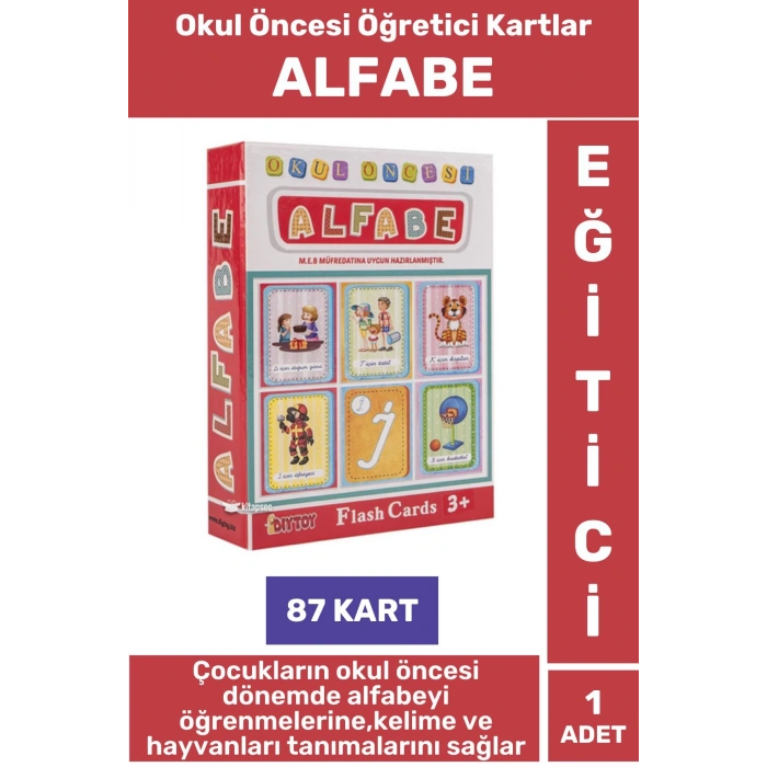 Çocuk Okul Öncesi Eğitici Görsel Algı Alfabe Kelime Nesne Hayvan Tanıtıcı MEB Uyumlu 87 Kart ALFABE