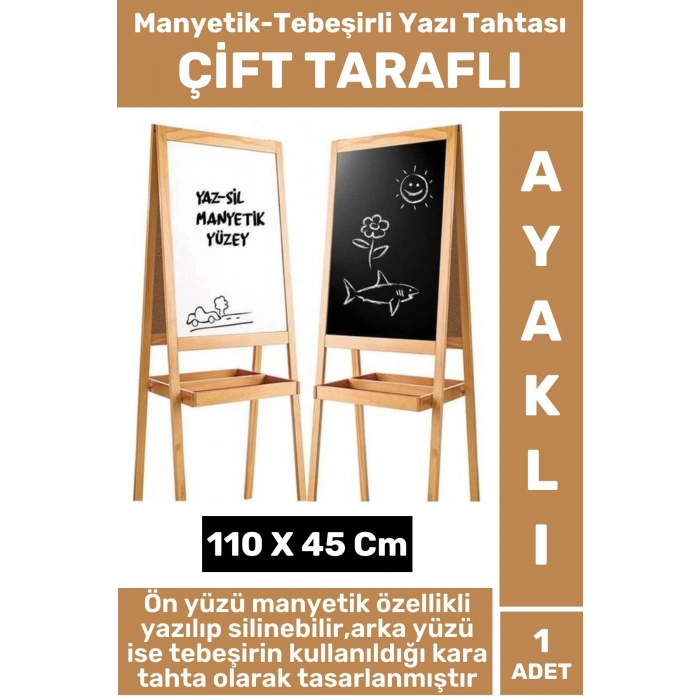 Kalem Silgi Tebeşir Çift Taraflı Manyetik Kara Tahta Tasarım Ayaklı Ahşap YAZI TAHTASI 110 X 45 Cm