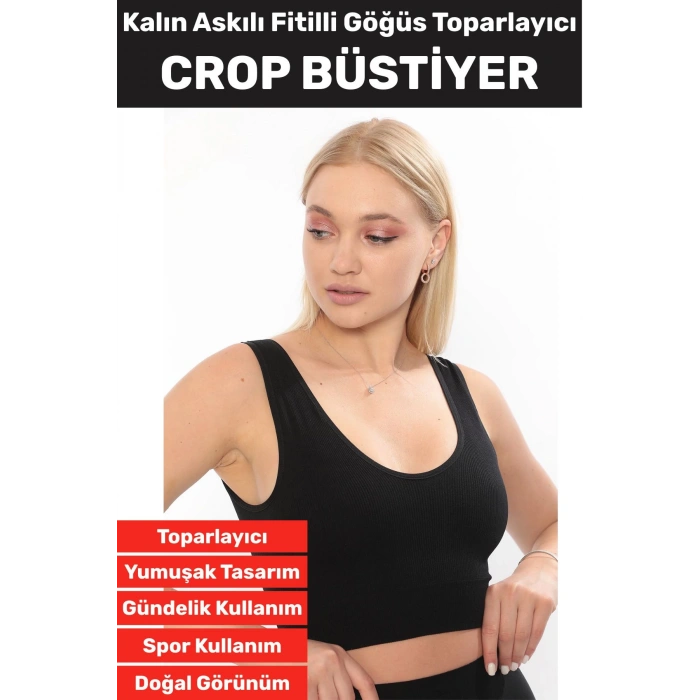 Göğüs Toparlayıcı Sarkma Önleyen Gündelik Spor Kullanım Şık Kalın Askılı Fitilli Crop Büstiyer