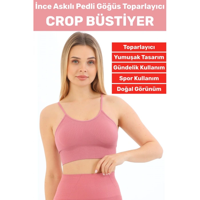 Göğüs Toparlayıcı Sarkma Önleyen Gündelik Spor Kullanım Şık İnce Askılı Pedli Çizgili Crop Büstiyer