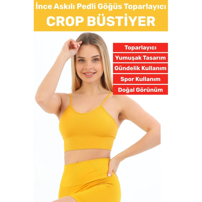 Göğüs Toparlayıcı Sarkma Önleyen Gündelik Spor Kullanım Şık İnce Askılı Pedli Çizgili Crop Büstiyer