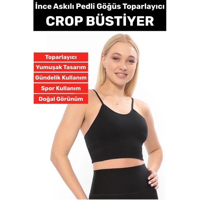 Göğüs Toparlayıcı Sarkma Önleyen Gündelik Spor Kullanım Şık İnce Askılı Pedli Çizgili Crop Büstiyer