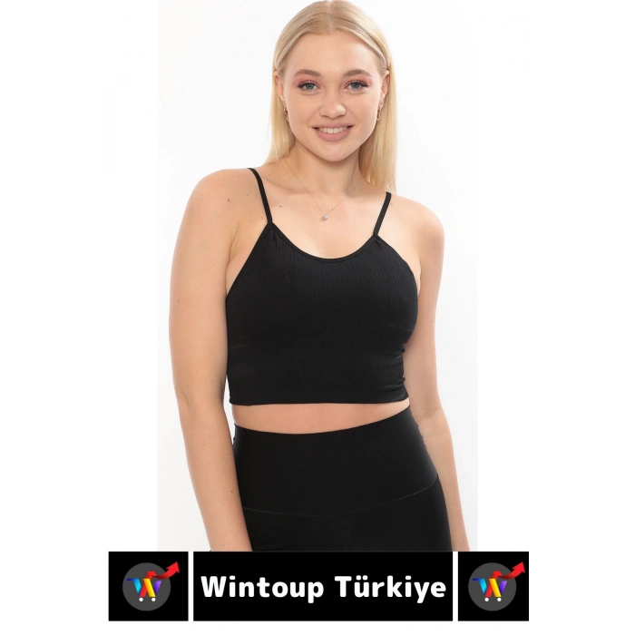 Göğüs Toparlayıcı Sarkma Önleyen Gündelik Spor Kullanım Şık İnce Askılı Pedli Çizgili Crop Büstiyer