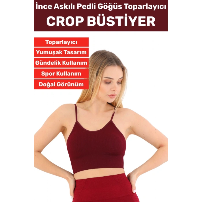 Göğüs Toparlayıcı Sarkma Önleyen Gündelik Spor Kullanım Şık İnce Askılı Pedli Çizgili Crop Büstiyer
