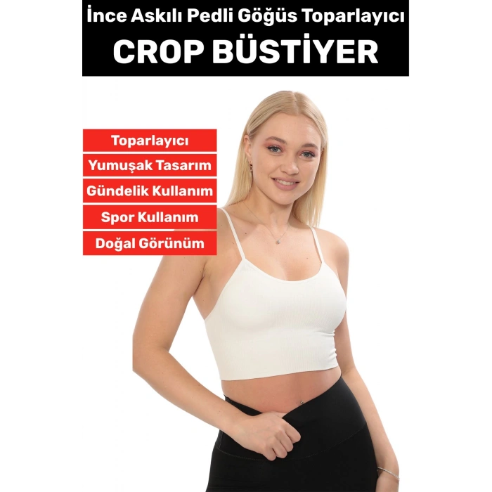 Göğüs Toparlayıcı Sarkma Önleyen Gündelik Spor Kullanım Şık İnce Askılı Pedli Çizgili Crop Büstiyer