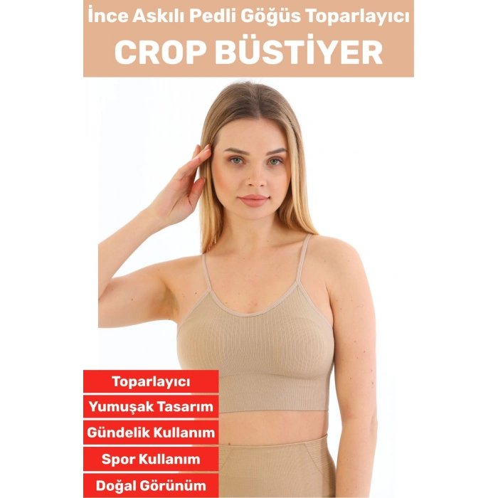 Göğüs Toparlayıcı Sarkma Önleyen Gündelik Spor Kullanım Şık İnce Askılı Pedli Çizgili Crop Büstiyer