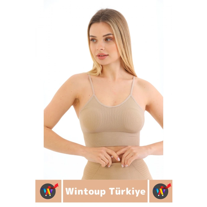 Göğüs Toparlayıcı Sarkma Önleyen Gündelik Spor Kullanım Şık İnce Askılı Pedli Çizgili Crop Büstiyer