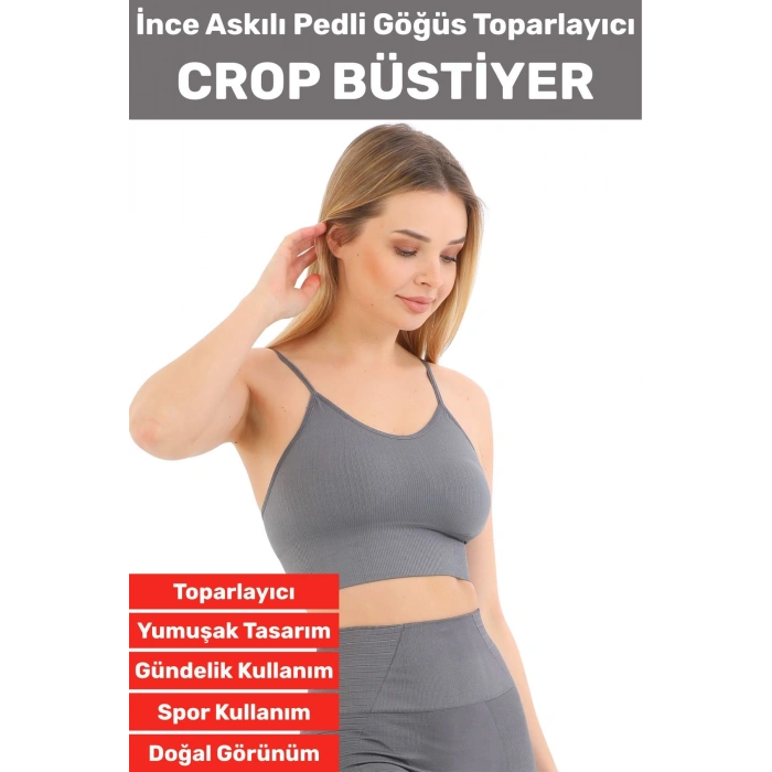 Göğüs Toparlayıcı Sarkma Önleyen Gündelik Spor Kullanım Şık İnce Askılı Pedli Çizgili Crop Büstiyer
