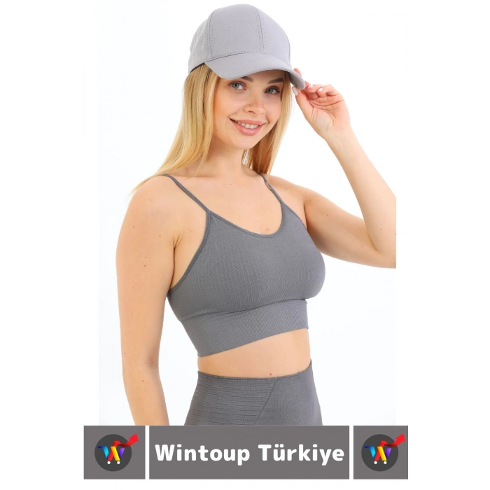 Göğüs Toparlayıcı Sarkma Önleyen Gündelik Spor Kullanım Şık İnce Askılı Pedli Çizgili Crop Büstiyer