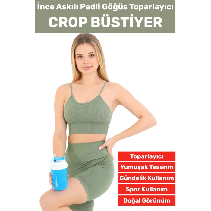 Göğüs Toparlayıcı Sarkma Önleyen Gündelik Spor Kullanım Şık İnce Askılı Pedli Çizgili Crop Büstiyer