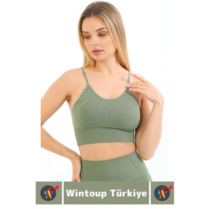 Göğüs Toparlayıcı Sarkma Önleyen Gündelik Spor Kullanım Şık İnce Askılı Pedli Çizgili Crop Büstiyer