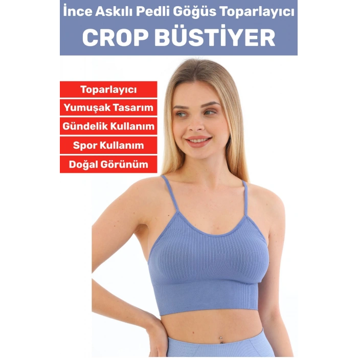 Göğüs Toparlayıcı Sarkma Önleyen Gündelik Spor Kullanım Şık İnce Askılı Pedli Çizgili Crop Büstiyer