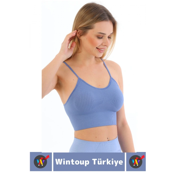 Göğüs Toparlayıcı Sarkma Önleyen Gündelik Spor Kullanım Şık İnce Askılı Pedli Çizgili Crop Büstiyer