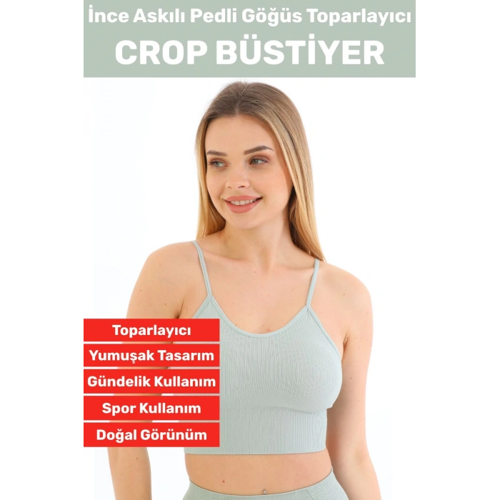 Göğüs Toparlayıcı Sarkma Önleyen Gündelik Spor Kullanım Şık İnce Askılı Pedli Çizgili Crop Büstiyer