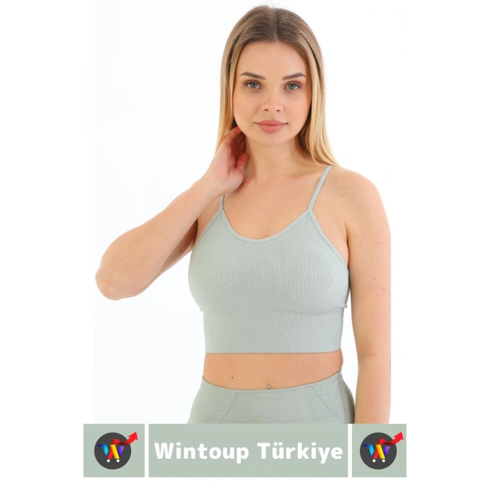 Göğüs Toparlayıcı Sarkma Önleyen Gündelik Spor Kullanım Şık İnce Askılı Pedli Çizgili Crop Büstiyer