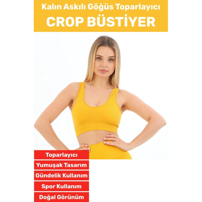 Göğüs Toparlayıcı Sarkma Önleyen Gündelik Spor Kullanım Şık Kalın Askılı Çizgili Crop Büstiyer
