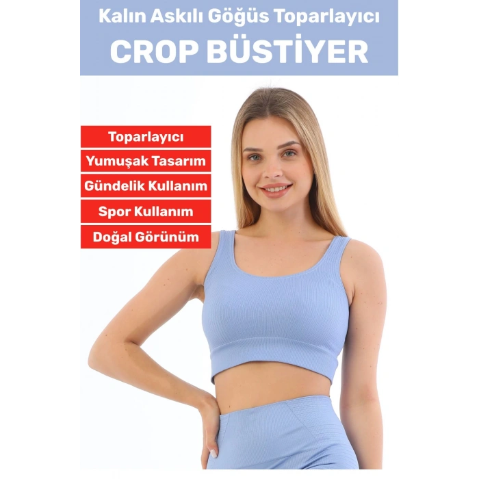 Göğüs Toparlayıcı Sarkma Önleyen Gündelik Spor Kullanım Şık Kalın Askılı Çizgili Crop Büstiyer