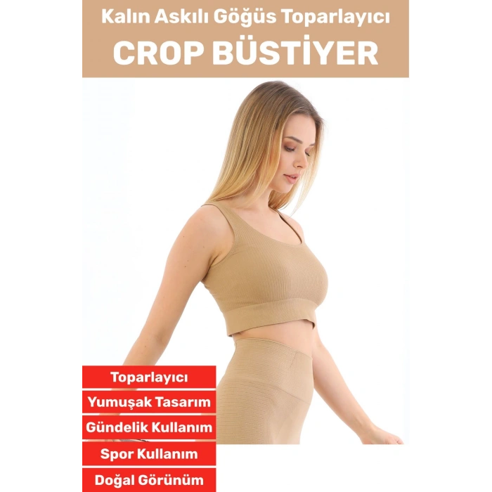 Göğüs Toparlayıcı Sarkma Önleyen Gündelik Spor Kullanım Şık Kalın Askılı Çizgili Crop Büstiyer