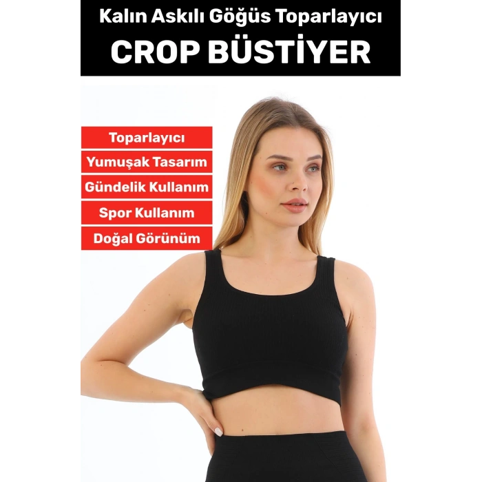 Göğüs Toparlayıcı Sarkma Önleyen Gündelik Spor Kullanım Şık Kalın Askılı Çizgili Crop Büstiyer