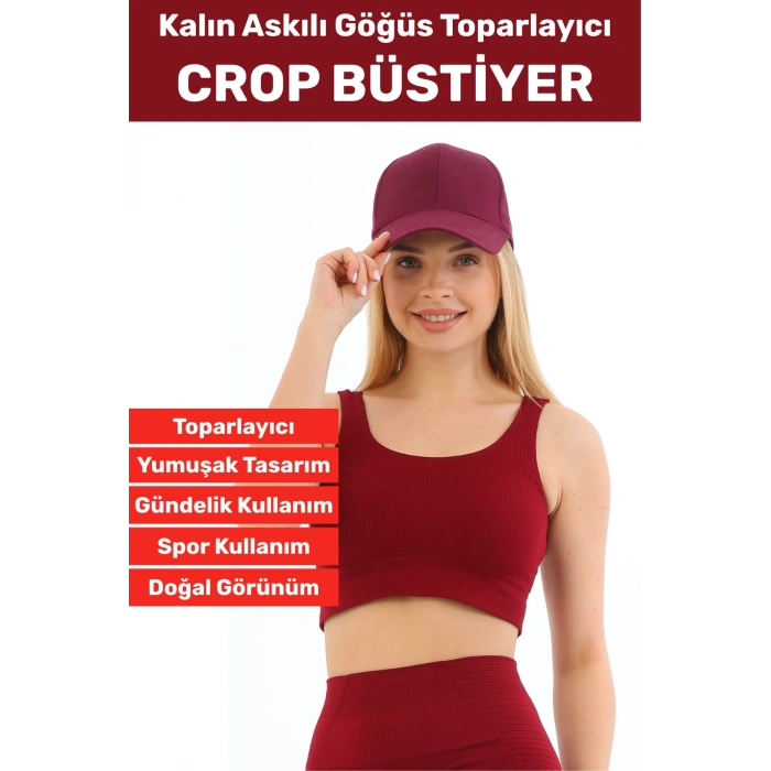 Göğüs Toparlayıcı Sarkma Önleyen Gündelik Spor Kullanım Şık Kalın Askılı Çizgili Crop Büstiyer