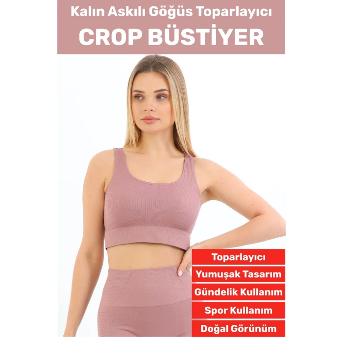 Göğüs Toparlayıcı Sarkma Önleyen Gündelik Spor Kullanım Şık Kalın Askılı Çizgili Crop Büstiyer