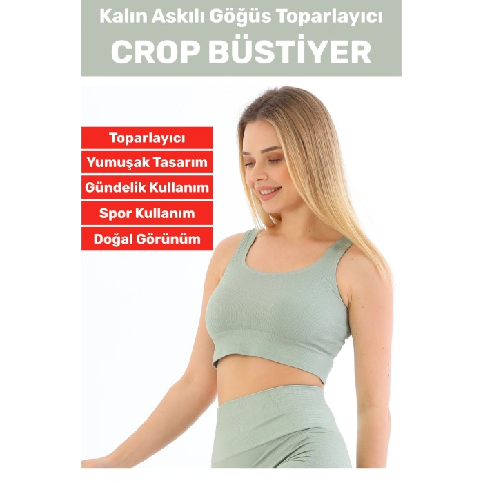 Göğüs Toparlayıcı Sarkma Önleyen Gündelik Spor Kullanım Şık Kalın Askılı Çizgili Crop Büstiyer