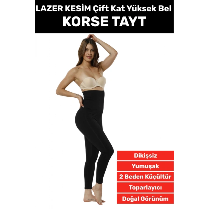 Doğal Görünüm Çift Kat Bel 2 Beden İncelten Vücut Toparlayıcı LAZER KESİM Yüksek Bel Korse Tayt