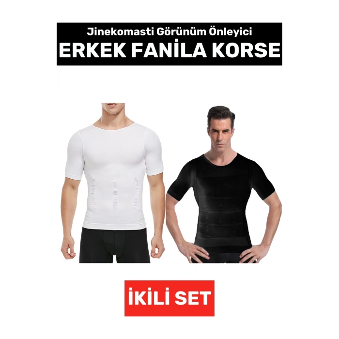 Jinekomasti Dik Duruş Düzeltici Göbek Sıkılaştırıcı Elastik Erkek Fanila Korse Siyah-Beyaz İkili Set
