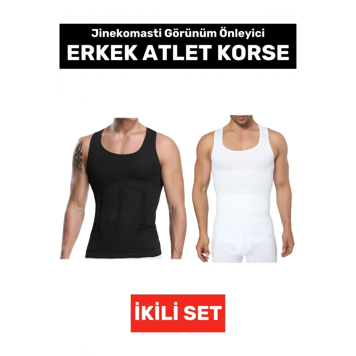 Jinekomasti Dik Duruş Düzeltici Göbek Sıkılaştırıcı Elastik Erkek Atlet Korse Siyah-Beyaz İkili Set