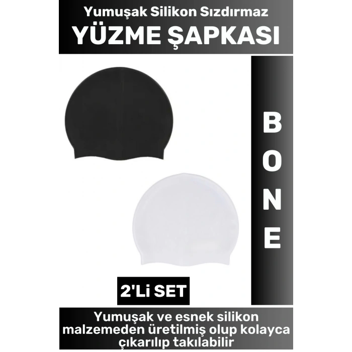 Özel Üretim Su Geçirmez Elastik Yumuşak Yüzücü Havuz Deniz Yüzme Şapkası Silikon Bone 2Li SET