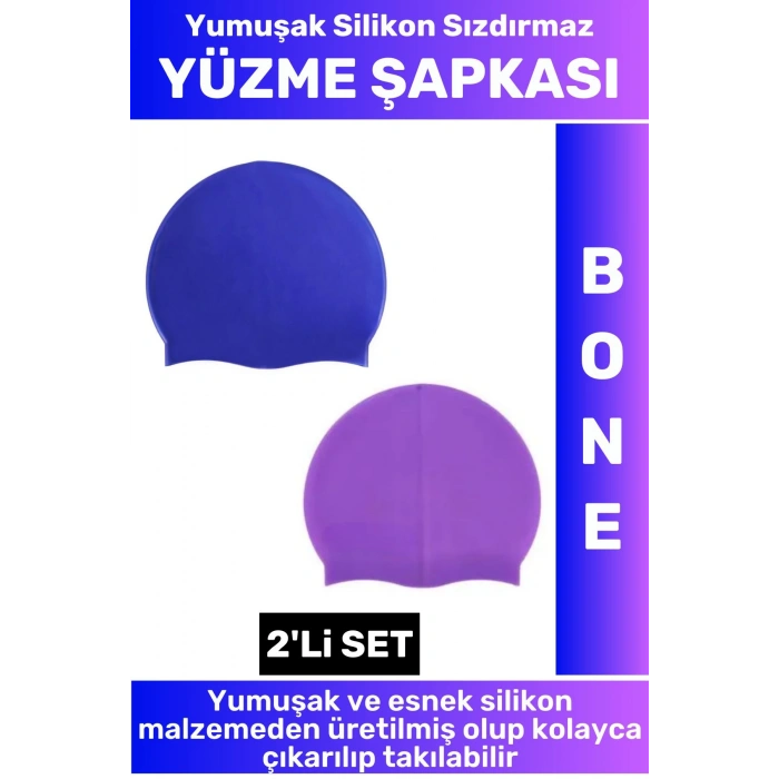 Özel Üretim Su Geçirmez Elastik Yumuşak Yüzücü Havuz Deniz Yüzme Şapkası Silikon Bone 2Li SET