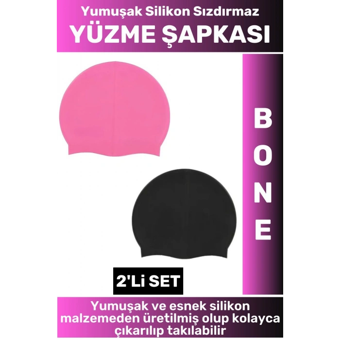 Özel Üretim Su Geçirmez Elastik Yumuşak Yüzücü Havuz Deniz Yüzme Şapkası Silikon Bone 2Li SET