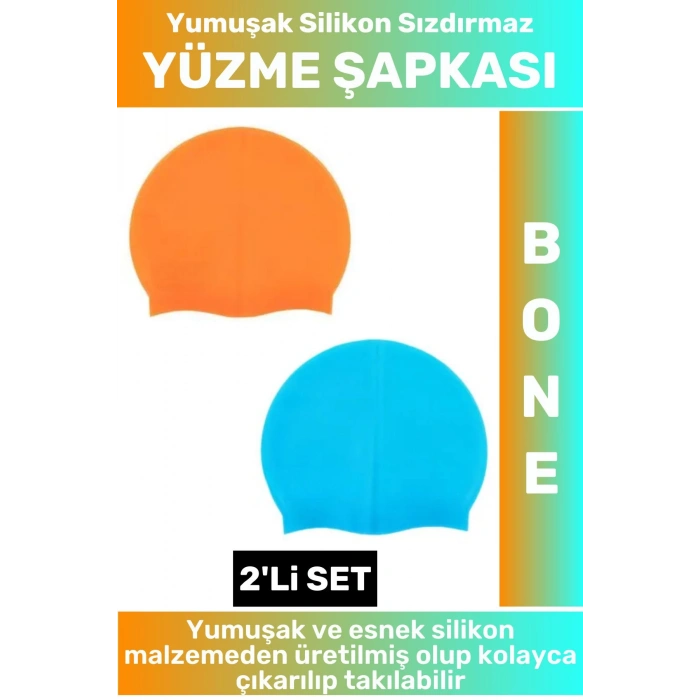 Özel Üretim Su Geçirmez Elastik Yumuşak Yüzücü Havuz Deniz Yüzme Şapkası Silikon Bone 2Li SET