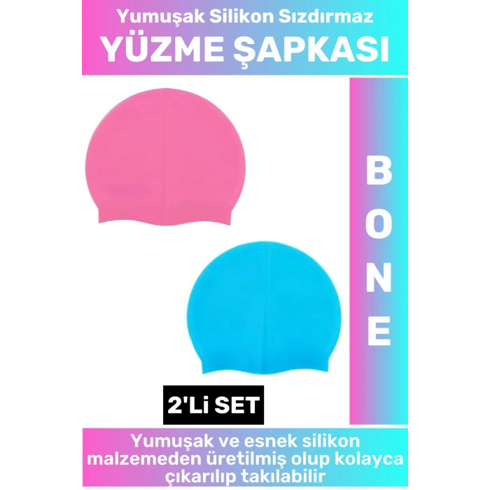 Özel Üretim Su Geçirmez Elastik Yumuşak Yüzücü Havuz Deniz Yüzme Şapkası Silikon Bone 2Li SET