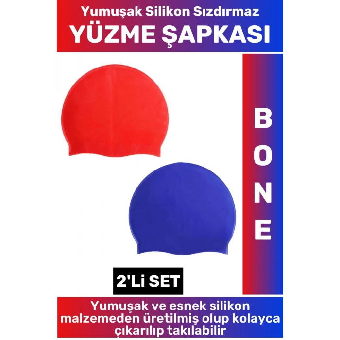 Özel Üretim Su Geçirmez Elastik Yumuşak Yüzücü Havuz Deniz Yüzme Şapkası Silikon Bone 2Li SET