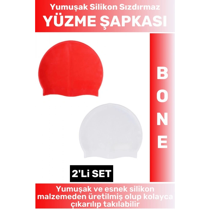 Özel Üretim Su Geçirmez Elastik Yumuşak Yüzücü Havuz Deniz Yüzme Şapkası Silikon Bone 2Li SET