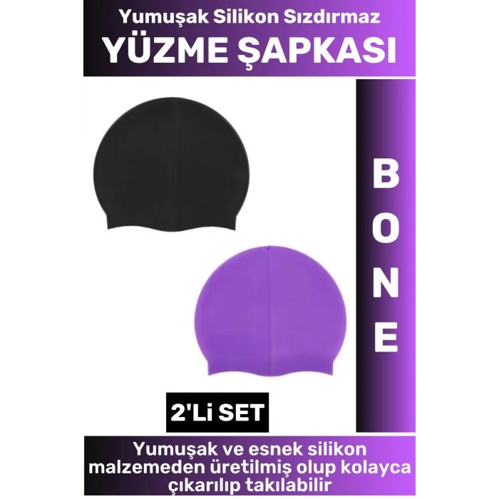 Özel Üretim Su Geçirmez Elastik Yumuşak Yüzücü Havuz Deniz Yüzme Şapkası Silikon Bone 2Li SET