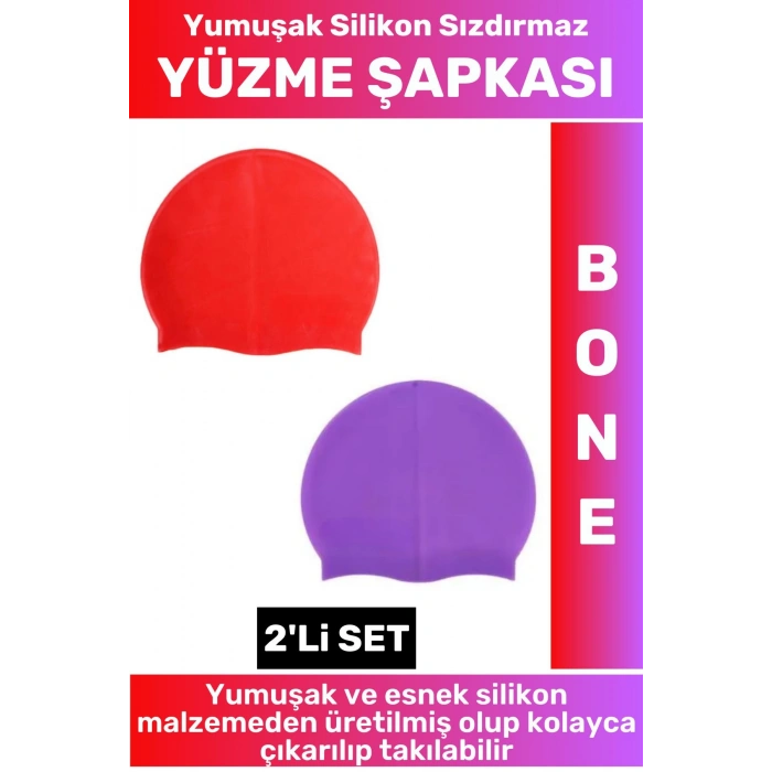 Özel Üretim Su Geçirmez Elastik Yumuşak Yüzücü Havuz Deniz Yüzme Şapkası Silikon Bone 2Li SET